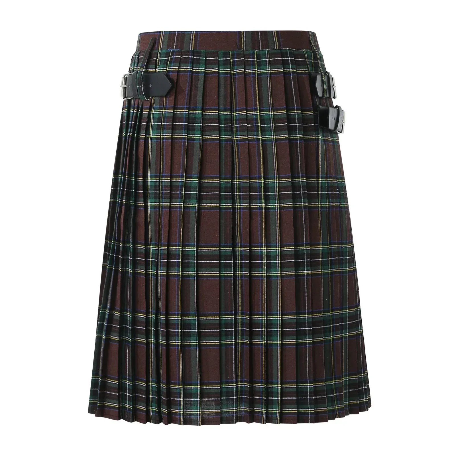 Mens Fashion Casual Retro Scottish Style Plaid Contrast Waistband Pleated Skirt 4