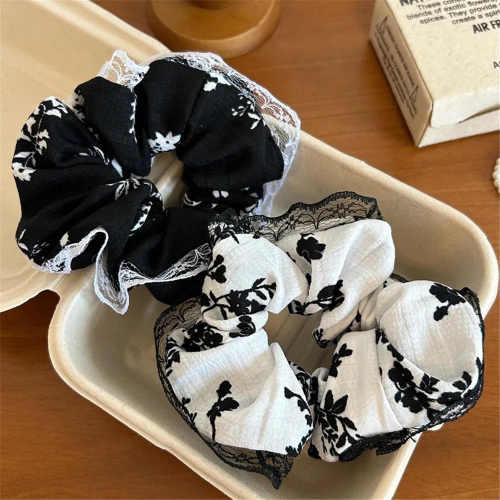 New Vintage French Style Ink Printing Bowknot Hair Scrunchies White and Black Yinyang Ribbon Hair Ties Rubber Bands for Women