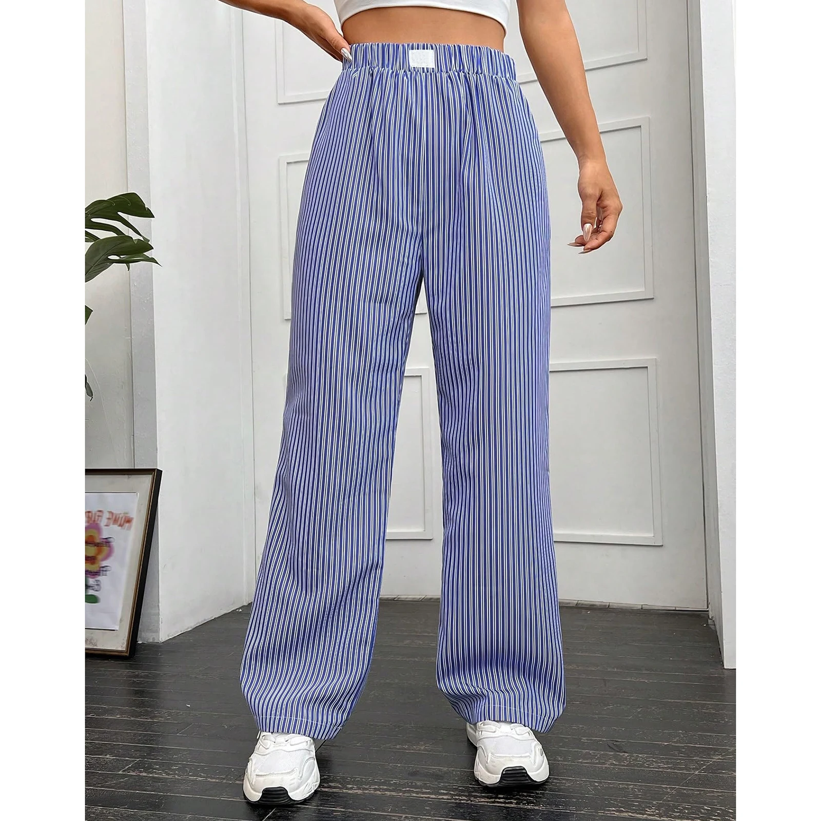 

Combhasaki Women's Y2K Vintage Casual Wide Leg Loose Lounge Long Pants Elastic High Waist Stripe Print Going Out Retro Trousers