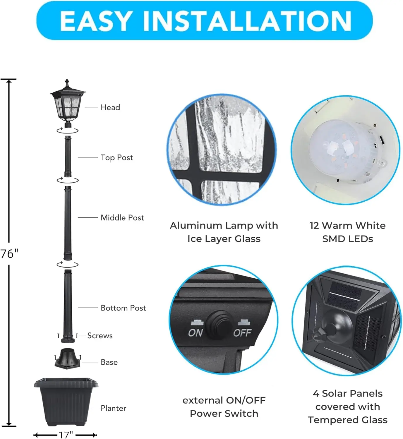 ضوء عمود الطاقة الشمسية، ST4311AHP من الغسق إلى الفجر مصباح آخر مشرق خارجي مع زارع لحديقة ساحة الحديقة فناء سطح الممشى المناظر الطبيعية
