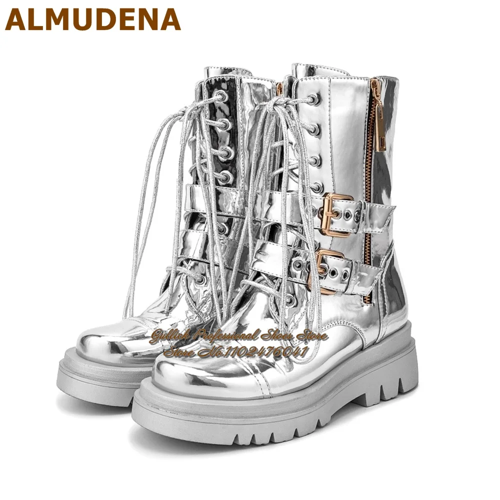 

ALMUDENA Silver Patent Leather Foam Platform Motorcycle Boots Lace-Up Belt Buckle Punk Stylish Ankle Boots Zipped Booties