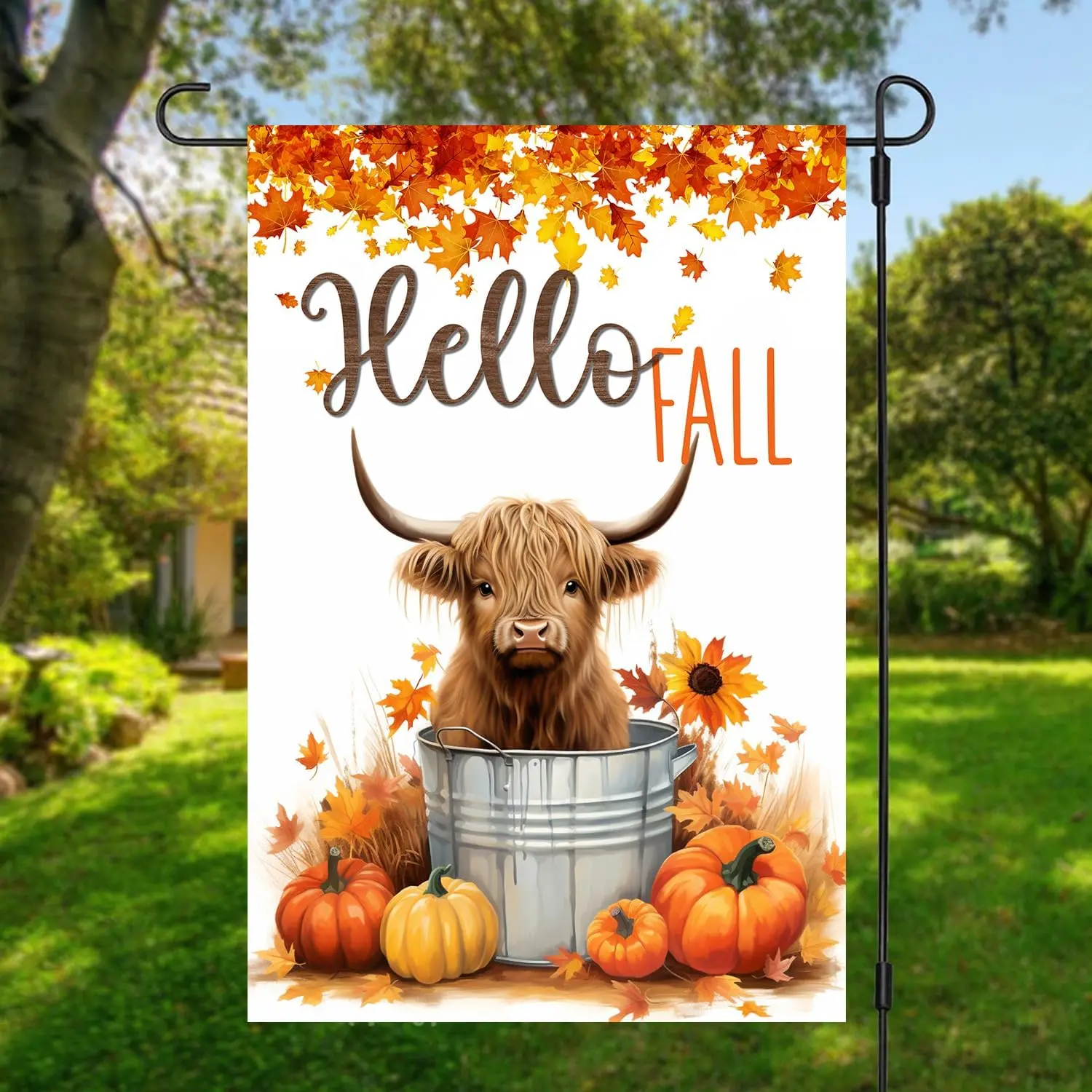 Welcome Fall Garden Flag Highland Cow Wildflowers Yard Flag Double Sided Vertical 1 set 12x18 Inch, 28x40 inch, Thanksgiving Pum