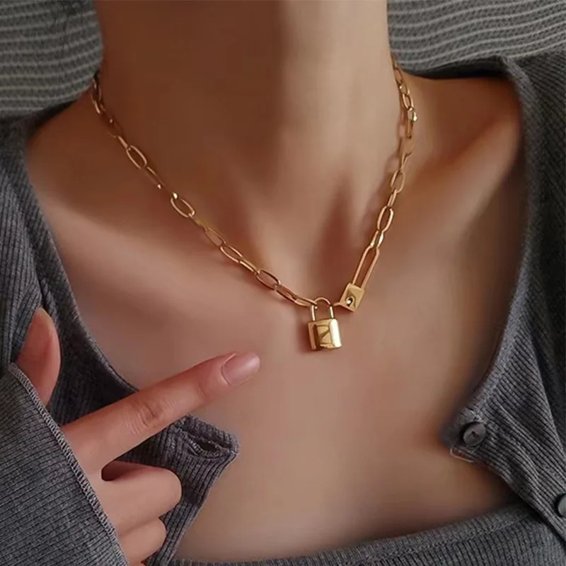 316L Stainless Steel Letter Love Lock Pendant Thick Chain Necklace Female Fashion Retro Exaggerated Punk Style Party