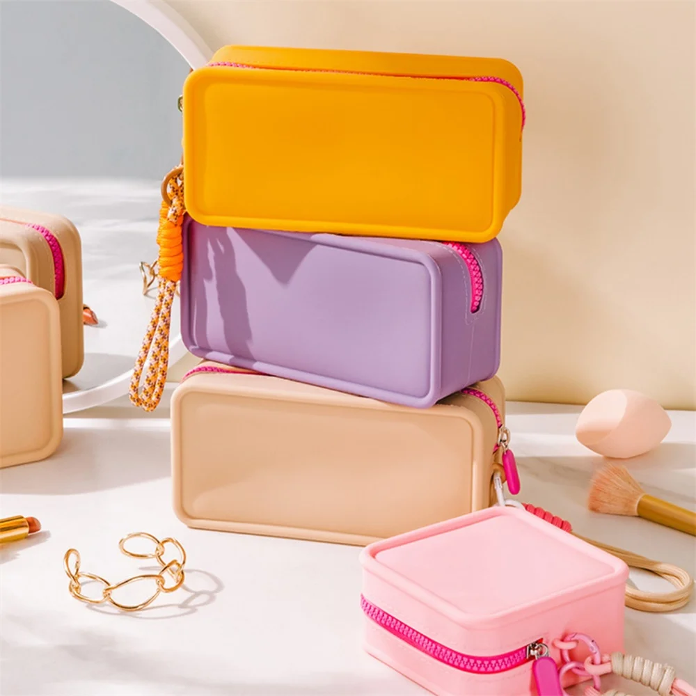 

Fashion Solid Color Silicone Coin Purse Waterproof Mini Cosmetic Bag Data Cable Storage Bag Women Zipper Wallet With Wrist Strap