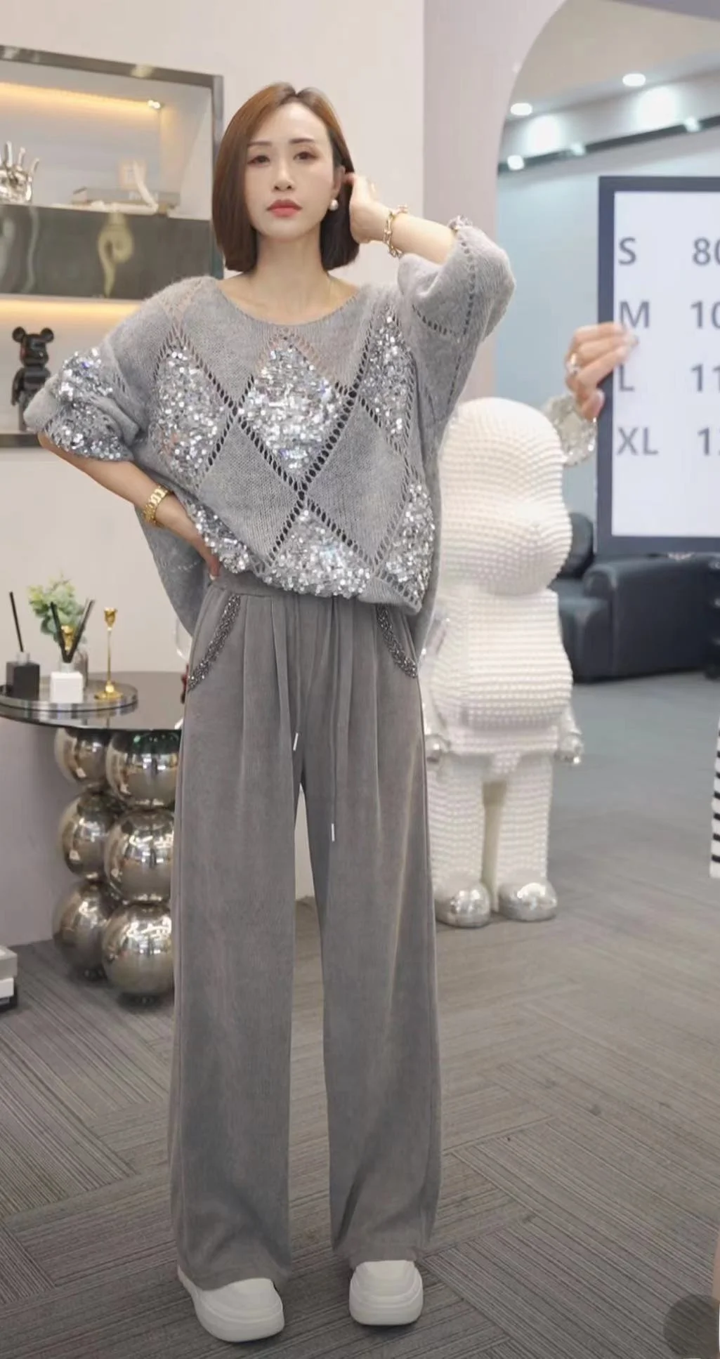 بنطلون نسائي واسع الساق بخصر مرتفع للربيع والخريف، رقيق وعملي، طويل، بنمط الماس، سترة صغيرة الحجم مع تطريز دائري...