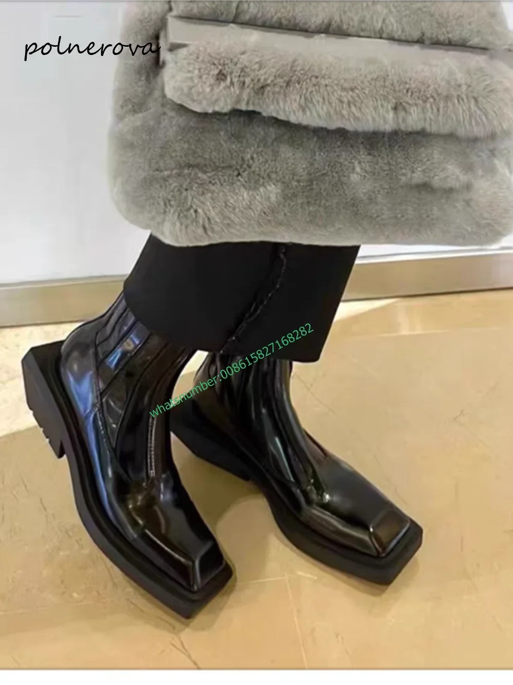 

Newest Thick Sole Leather Ankle Boots Solid Square Toe Chunky Heel Fashion Banquet Party Shoe for Women 2024 Spring Elegant Sexy