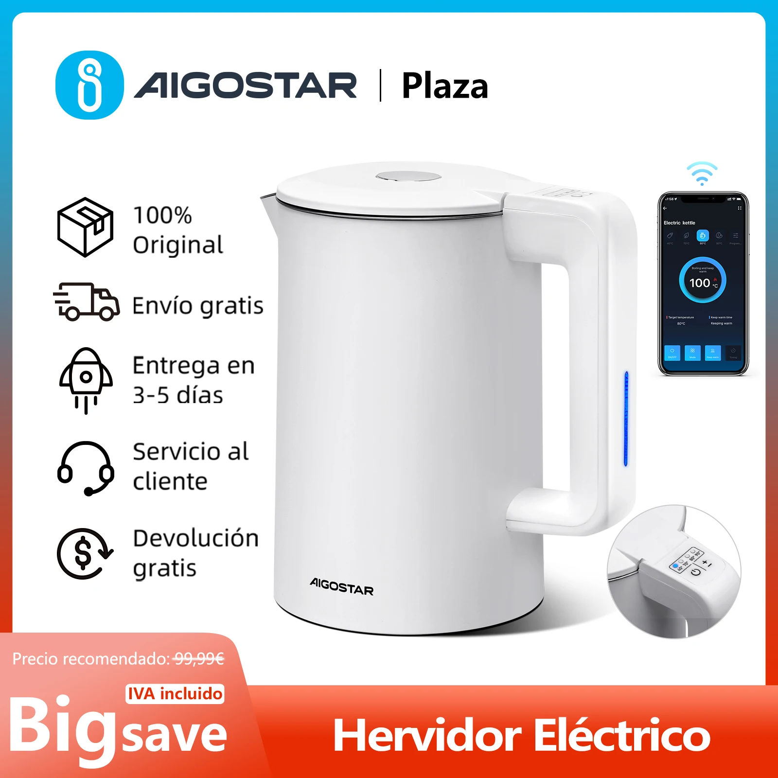 Inteligente Hervidor de Agua Eléctrico 1,7L, Wi-Fi y Alexa, Temperatura Regulable de 40°C a 100°C, Mantener Caliente 24H, 2200W