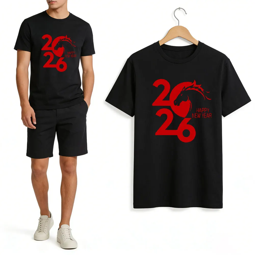 2026 السنة الجديدة للحصان سعيد الرجال قميص قصير الأكمام الصينية زودياك 2026 عيد الميلاد 2026 سنة الحصان موضة تي شيرت بلايز #1