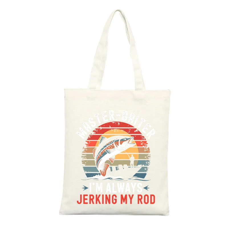 Men's Fishing Graphic Canvas Tote Bag, Vintage Style for Outdoor Activities and Casual Outings