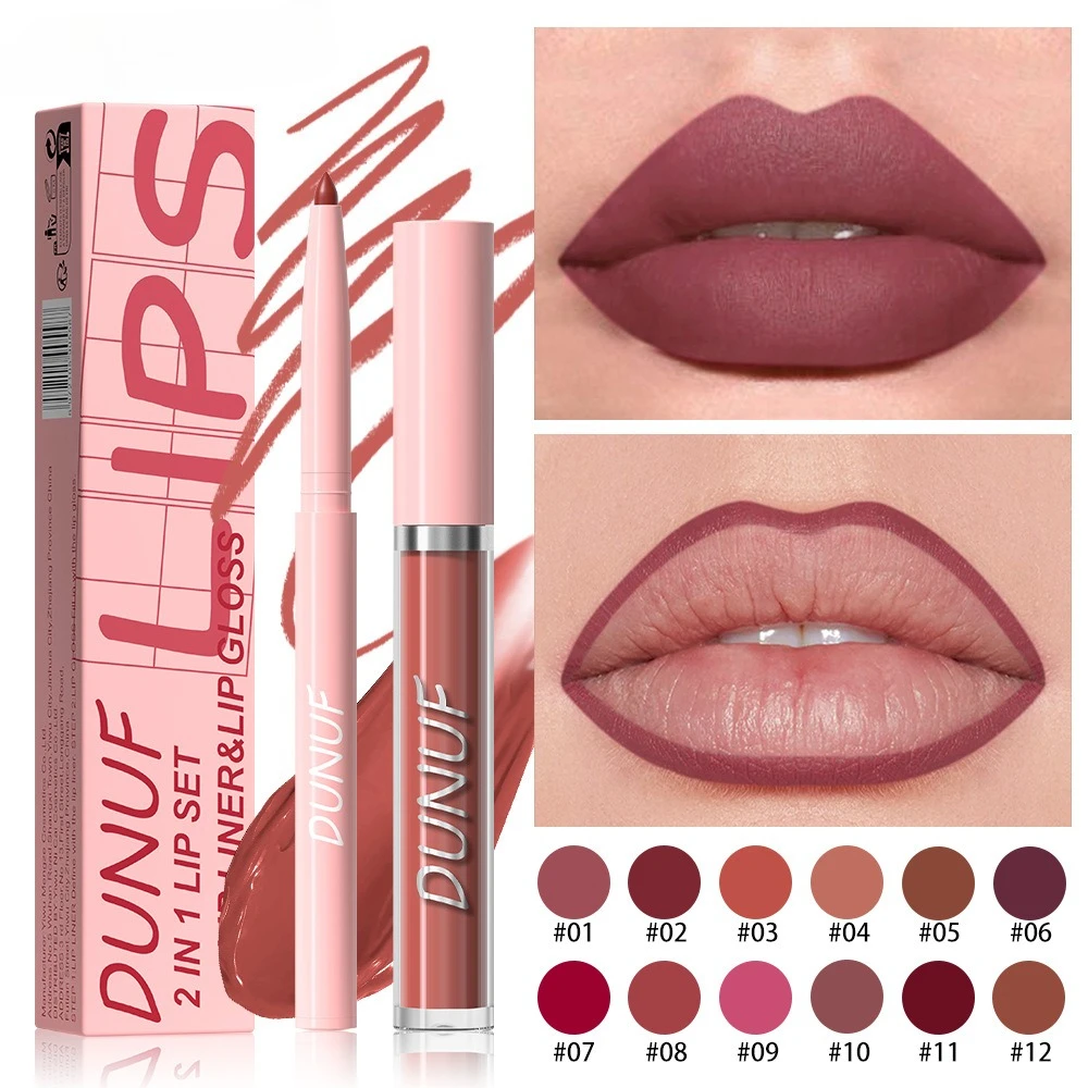 2-delige lipliner- en lipglossset Waterdichte, langdurige fluwelen afwerking Veegvaste make-up voor de hele dag voor een nauwkeurige definitie