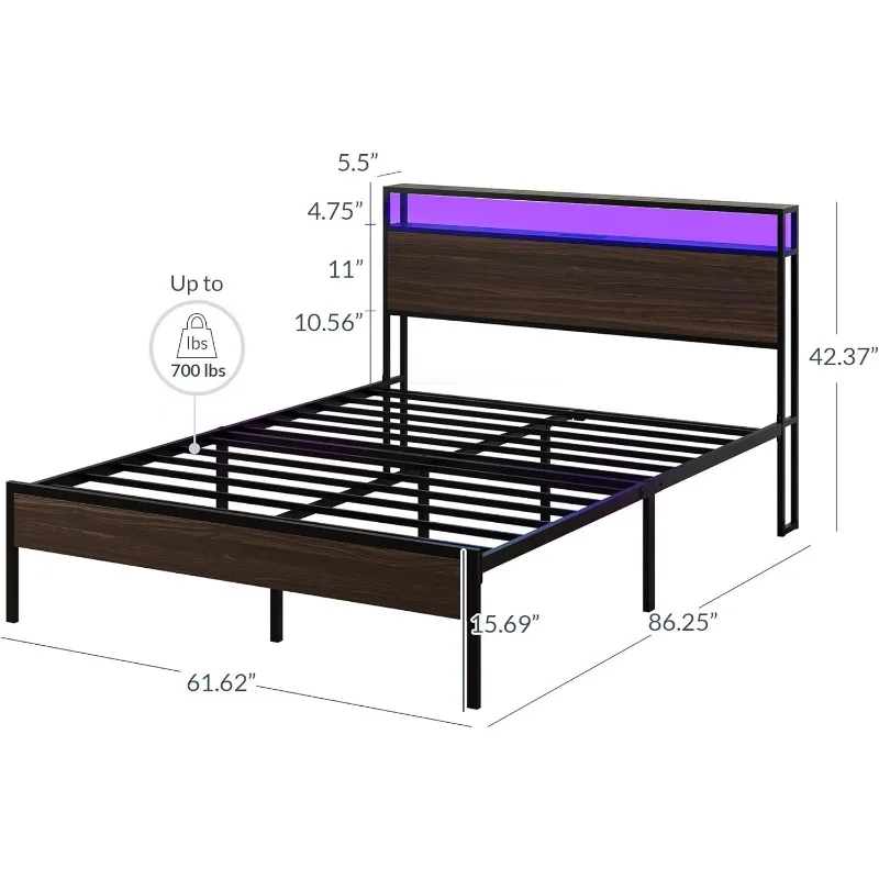 Queen Size Sturdy Metal Bed Frame with 2-Tier Storage Headboard, Remote Control LED Light and Ultra-Fast USB Type A/C Outlet,