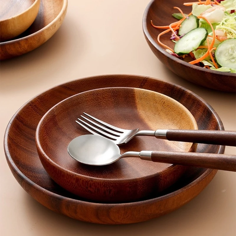 صينية خشب السنط، وعاء وطبق مستدير من الخشب الصلب للاستخدام المنزلي، طبق تقديم الكيك والحلوى، وعاء من الخشب الصلب #2