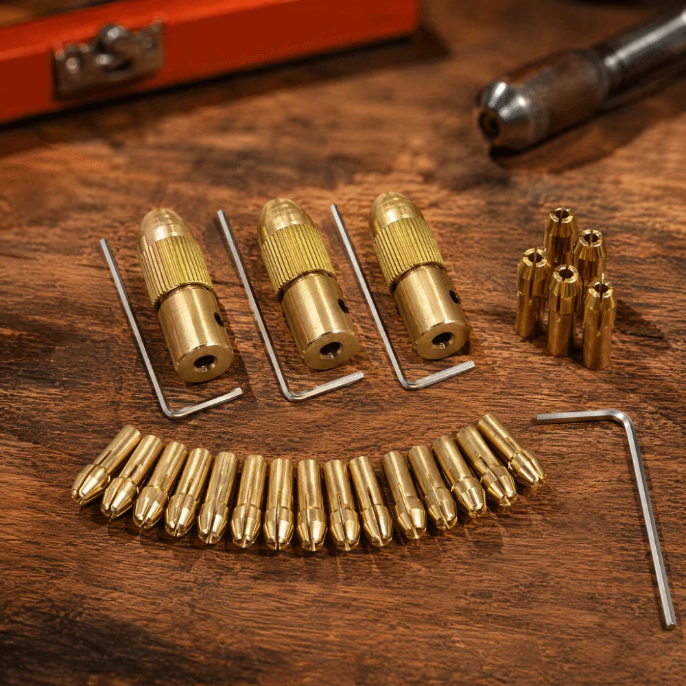 3 Sets Brass Material Drill Bit Collet Set 0.5-3mm Capacity 2.35mm Shaft Twist Drill Chuck Set Allen Wrench Included