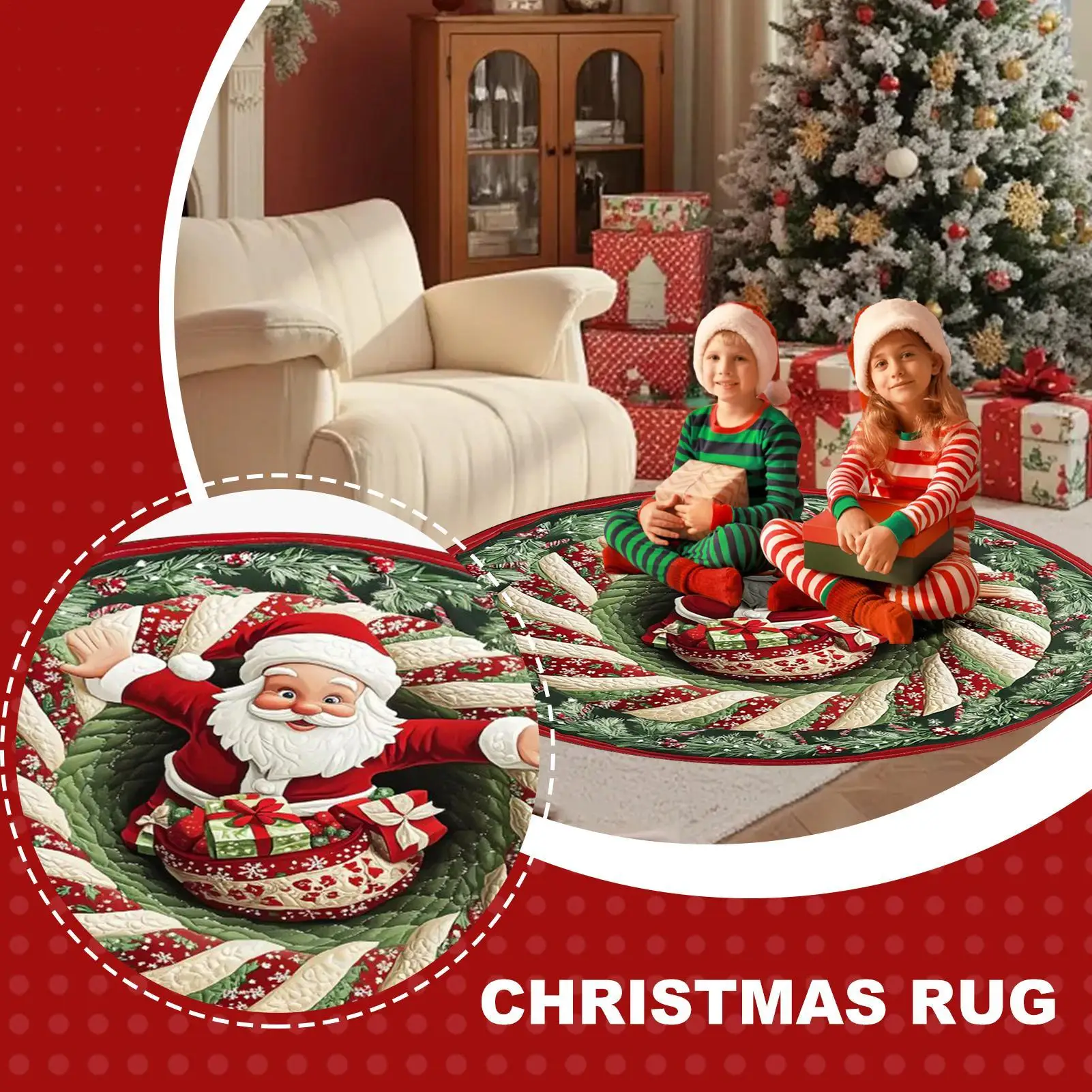 Christmas Rugs Indoor Optical Illusion Non-Slip Round 3D Optical Christmas Carpet Holiday Decor For Living Room Entryway Office