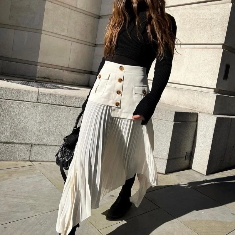 

New Half Skirt Irregular Chiffon Panel Pleated Multi button Pocket Long Half Skirt Fashion Long Dress Casual Party Club