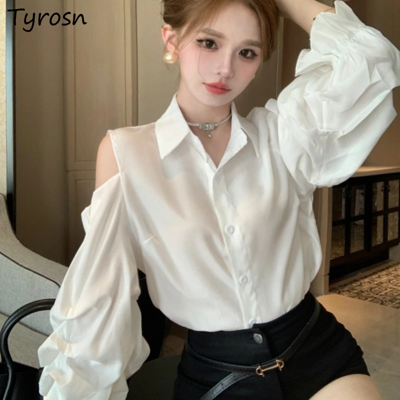 Women Shirts Solid Causal Simple Flare Sleeve All-match Korean Style Off Shoulder Chiffon Design Loose Button Elegant Simple