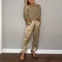 Women's Smooth Satin Short-sleeved Top and Pant Suit Two-piece Set 2024 Spring O-neck Lace Up Outfits Summer Female Leisure Suit