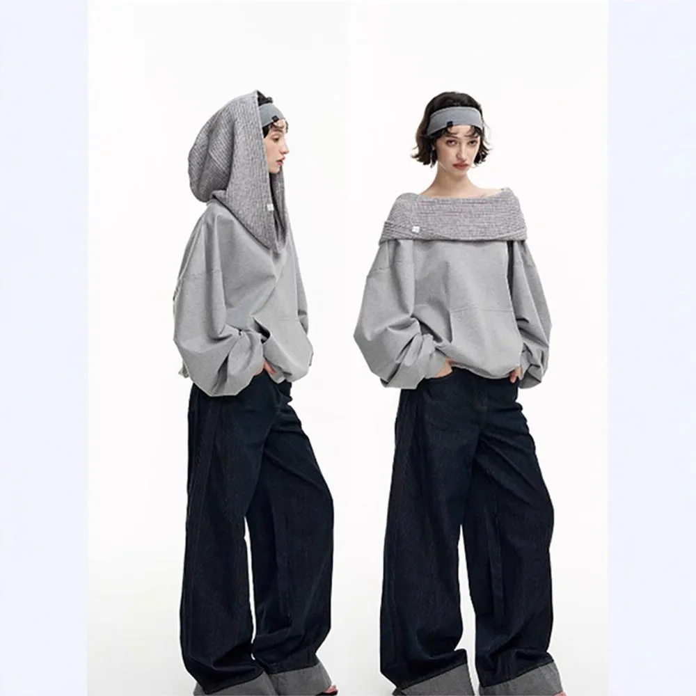2026 New Women Gray Loose Hoodie American Wasteland Style Off Shoulder Asymmetric Neck Long Sleeve Unique Trendy Ladies Top