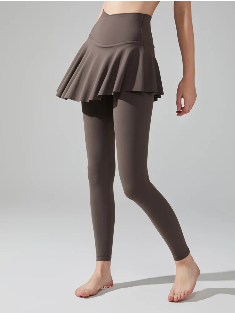 VITALINOVO Damen Crossover-Leggings mit Rock Tennis Yoga Leggings mit Rock Hohe Taille Rüschen Plissierter Skort Tennis Sport Golf – Detail 7