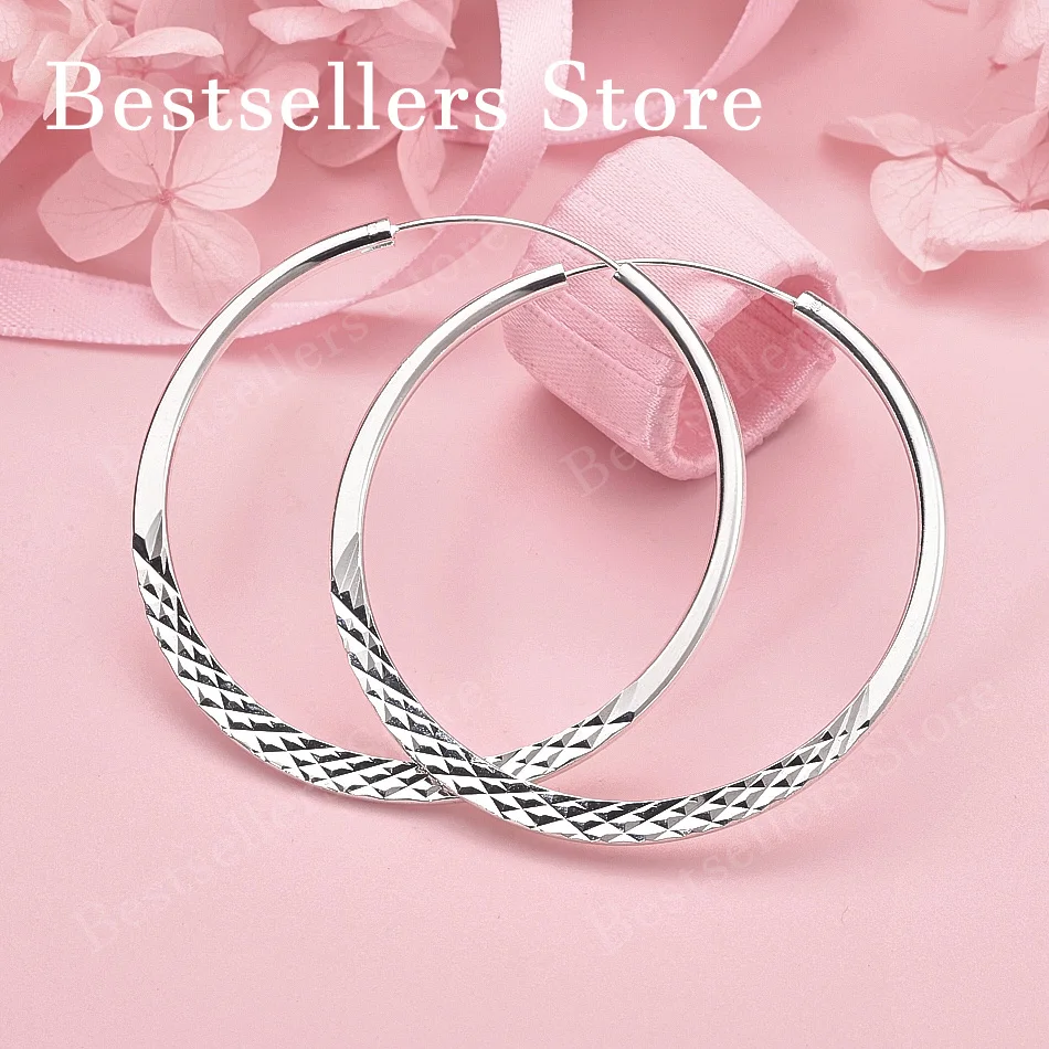 925 Sterling Silver 40/45/50mm Exquisite Diamond Round Earrings for Women Fashion Jewelry Party Favors Wedding Accessories