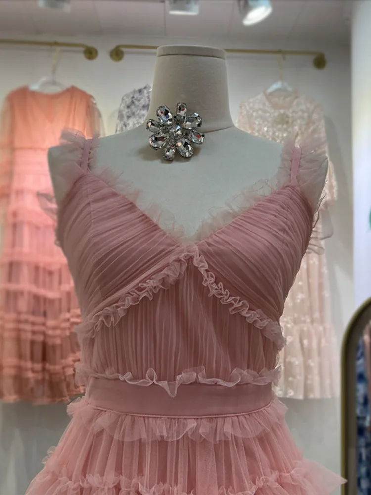 Dfdg feminino 2025 luxo decote em v malha em camadas vestido de noite designer querida vestido primavera verão praia festa vestido de casamento