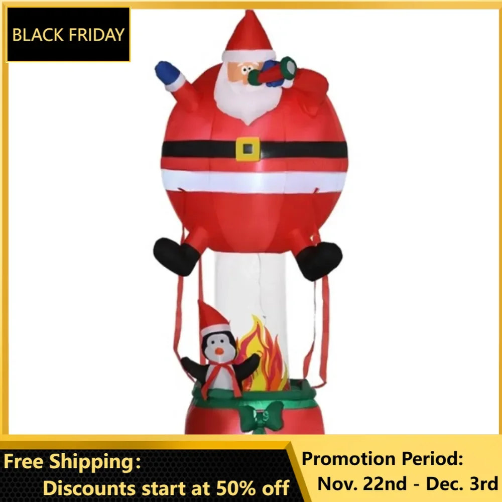 Santa Claus Hot Air Balloon Brings a Cohesive Christmas Display with Penguin Toys White LED Lights Create a Magical Effect