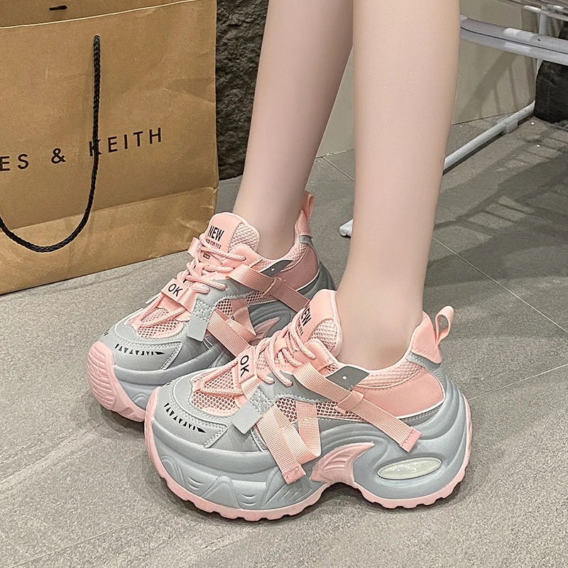 New Fashion Summer Women\'s Platform Sneakers Thick Bottom Breathable Mesh Casual Shoes 7.5CM High Heel Sports Dad Shoes Woman