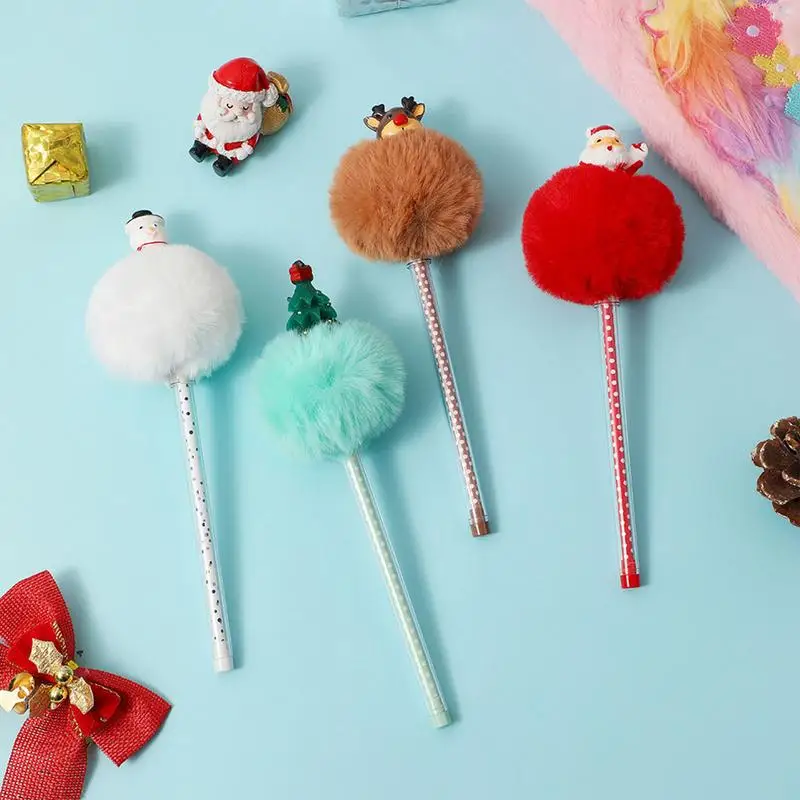 Cartoon Christmas Fluffy Ball Ballpoint Pen for Students Gel Writing Accessories Pens Painting