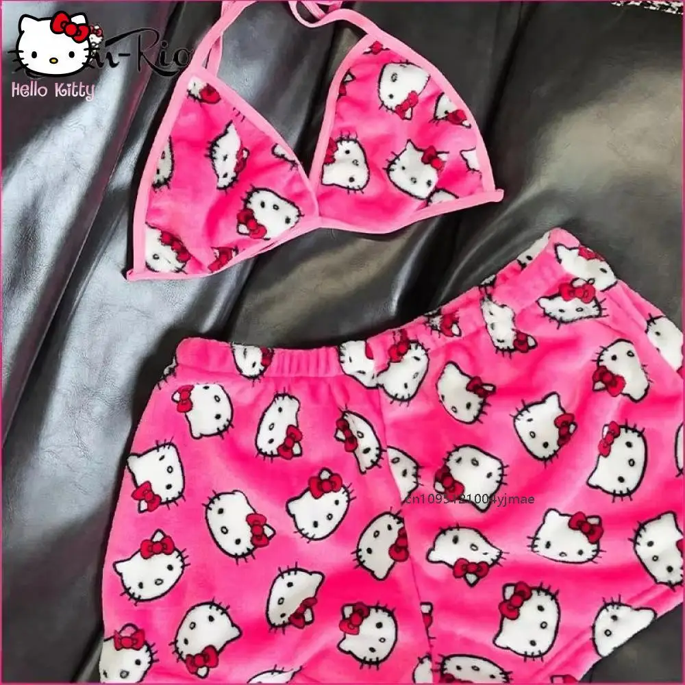 

Женский пижамный комплект Hello Kitty Sanrio, одежда для сна, короткие майки и шорты из 2 предметов, сексуальная плюшевая домашняя одежда, женские пижамные комплекты с бюстгальтером, милые комплекты