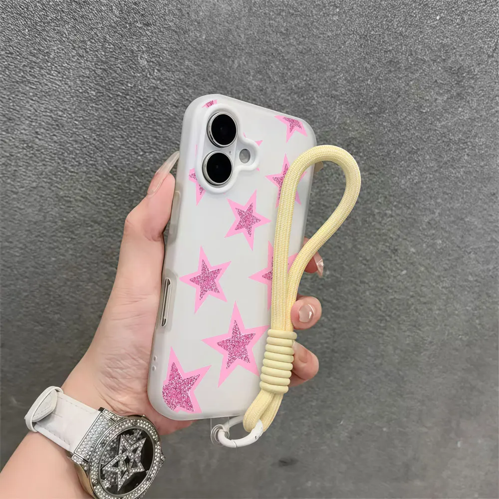 Coque de téléphone pour iPhone 17 Pro Max 16 13 12 15 14 11 Pro Max Air XS XR 16 14 7 15 8 Plus X Rose Étoile INS avec cordon de poignet
