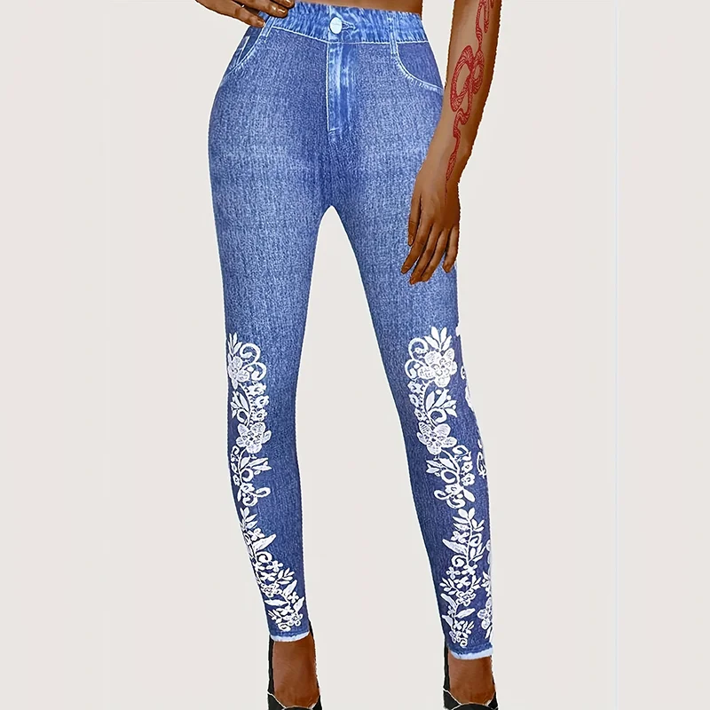 Women's Elegant Summer Faux Denim Floral Print Leggings Casual Daily Wear Long Pants