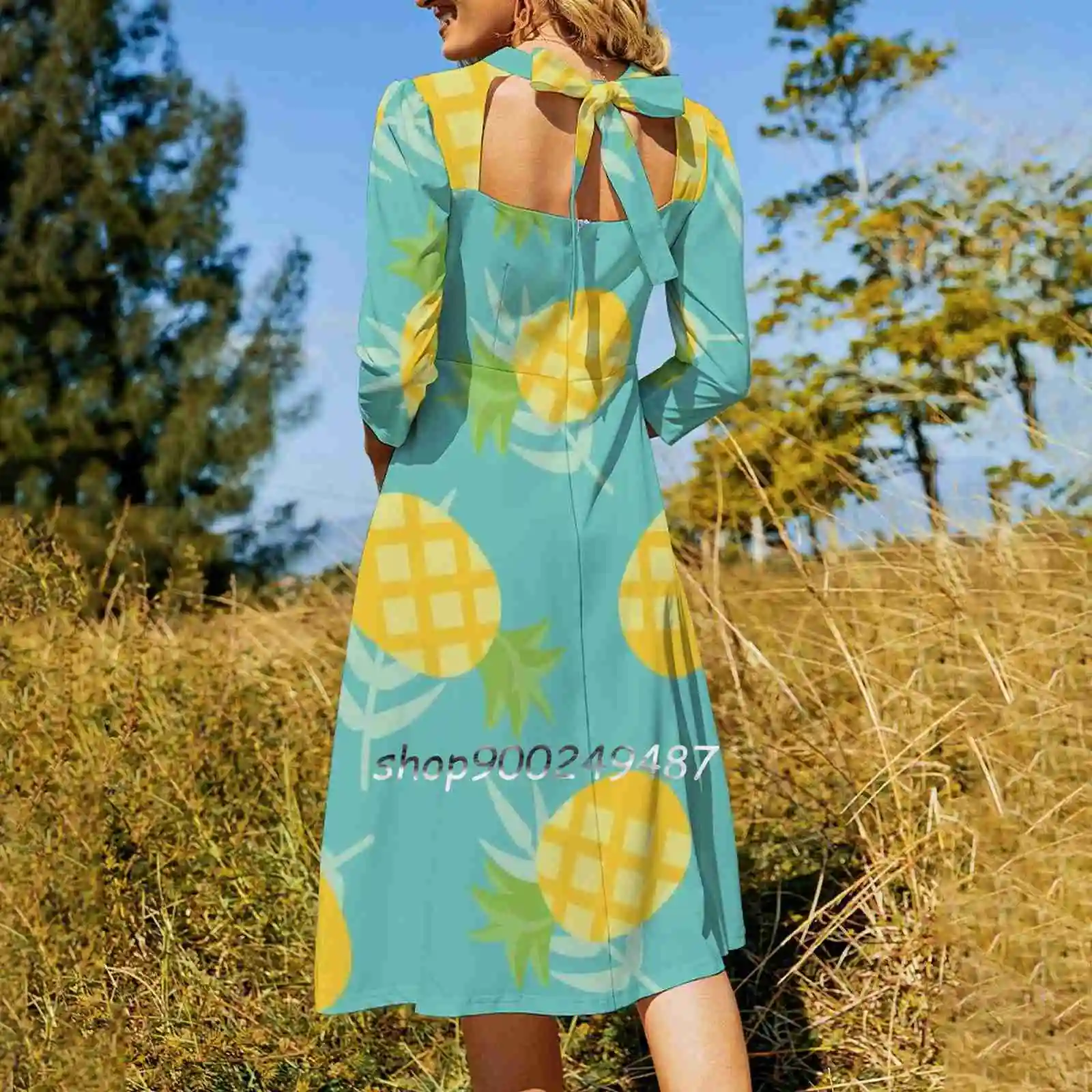 Tropical Muumuu Pineapples Square Neck Dress New Plus Size Elegant Women Waist Tight Dress Pineapple Leaves Leaf Hawaii