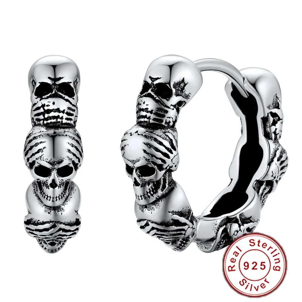 

Серьги-кольца из серебра 925 пробы со скелетами и черепом Huggie Wisdom See No Evil Hear No Evil Speak No Evil, антикварные ювелирные изделия унисекс в готическом стиле в стиле панк