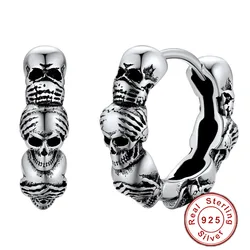 925 Silver Skeletons Skull Hoop Earring Huggie Wisdom See No Evil Hear No Evil Speak No Evil Antique Gothic Punk Unisex Jewelry