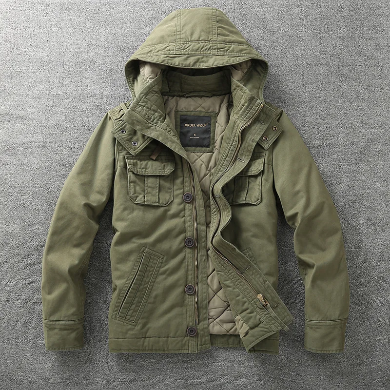 Men Jacket Denim Retro Cargo Hooded Jacketes Outdoor Multi Pockets Camo Tops Field Casual Fashion Hiking Coats Uniform