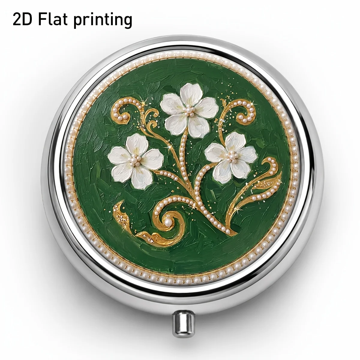 Dark Green and White Floral Vine Pattern Round Metal Small Pill Box, Exquisite Illustration-Style Three-Compartment Portable Storage Box, Compartmentalized Design for Neatly Storing Vitamins, Medicines, and Small Accessories, with Clear Partitioning for Easy Access, Suitable for Home, Travel, and On-The-Go Use, Pocket-Sized and Elegant