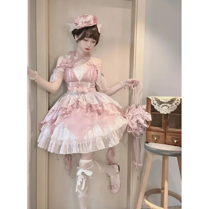 SS23Pink flor boda Lolita Jsk precioso elegante Escape princesa dulce cuello alto vestido de fiesta de cumpleaños para niñas jóvenes