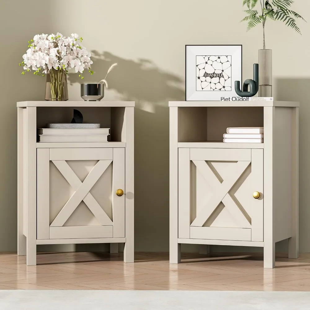 

Farmhouse Nightstands Set of 2, Rustic Vintage Side End Table with Storage, Wood Side Table with Barn Door for Bedroom Living