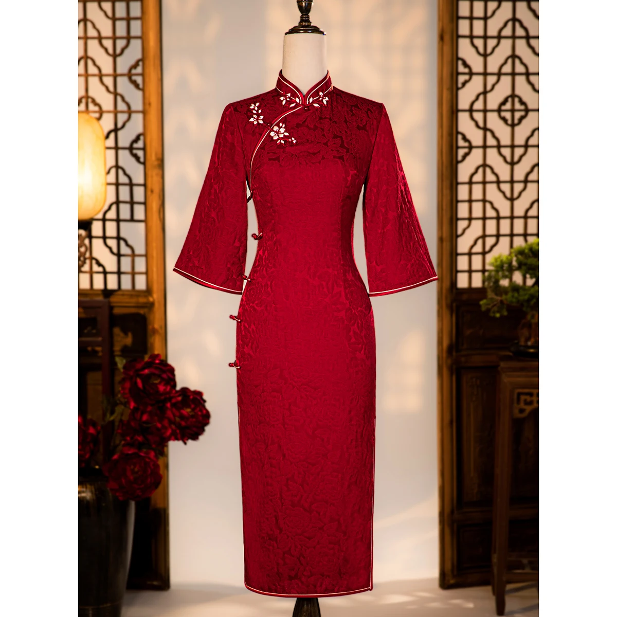 

Ele Red Long Wedding Dr with and Sves Matron Ceremony Costume New 2026 Sle by Jing Man Si