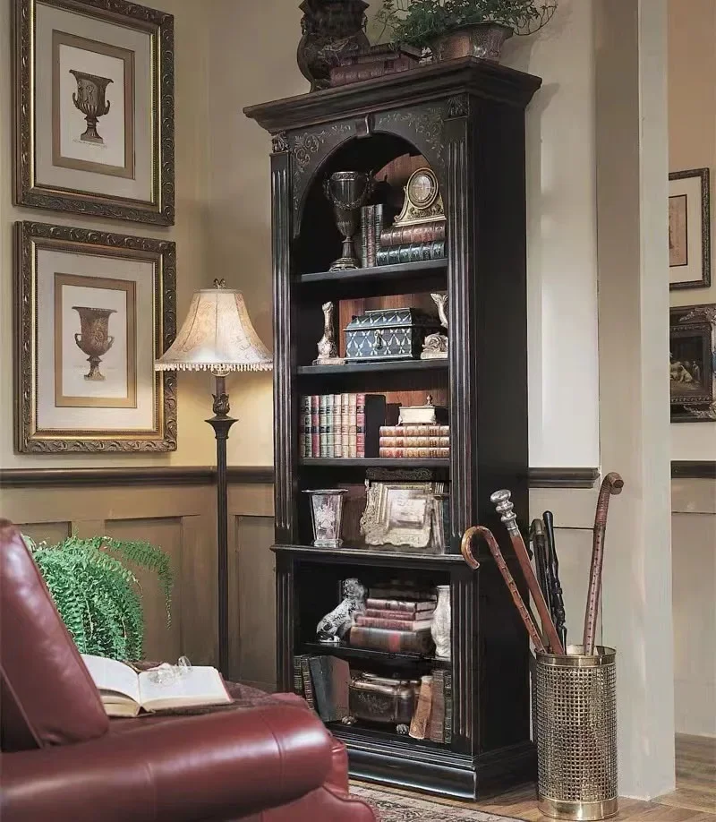 European antique old light luxury high-end study carved solid wood bookcase leather decorative storage cabinet