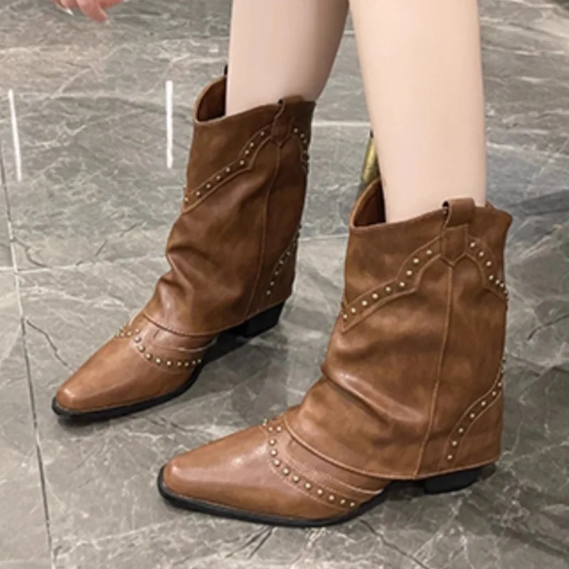 

Vintage Rivet Design Women Knight Boots Trendy Square Toe Thick Bottom Western Cowboy Style Autumn Footwear Daily Female Shoes