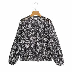 Taop&Za 2024 Spring New Product Women's Fashion and Casual Versatile Round Neck Long sleeved Flower Translucent Shirt