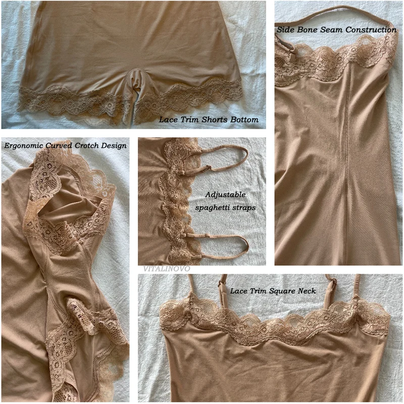 VITALINOVO Damen-Strampler, quadratischer Ausschnitt, Spitzenbesatz, kurzer Strampler, Onesie, ärmellos, Spaghettiträger, quadratischer Ausschnitt, Tank-Top, einteiliger Pyjama – Detail 3