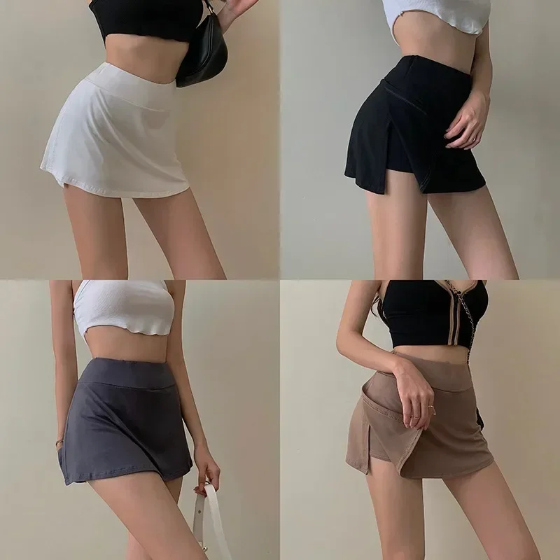 Gothic Y2k Dark Mini Skirt Korean Fashion Casual Skirt 90s Vinatge Summer Irregular Split High Waist Elastic Sports Skirt Women