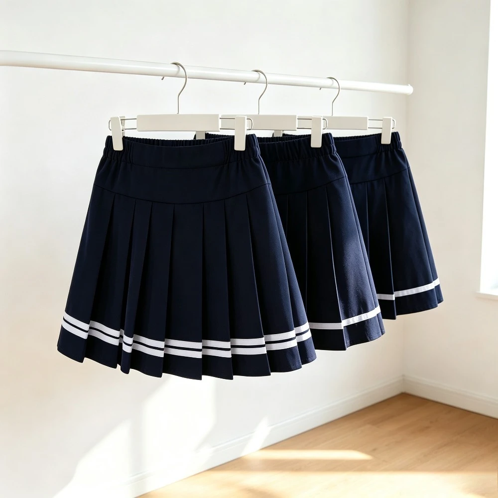 Girls Cheer Skirt Double Striped Hem Pleated Mini Skirt Smocked Waist Tennis Dance Performance School Daily Wear Bottoms 4-16T