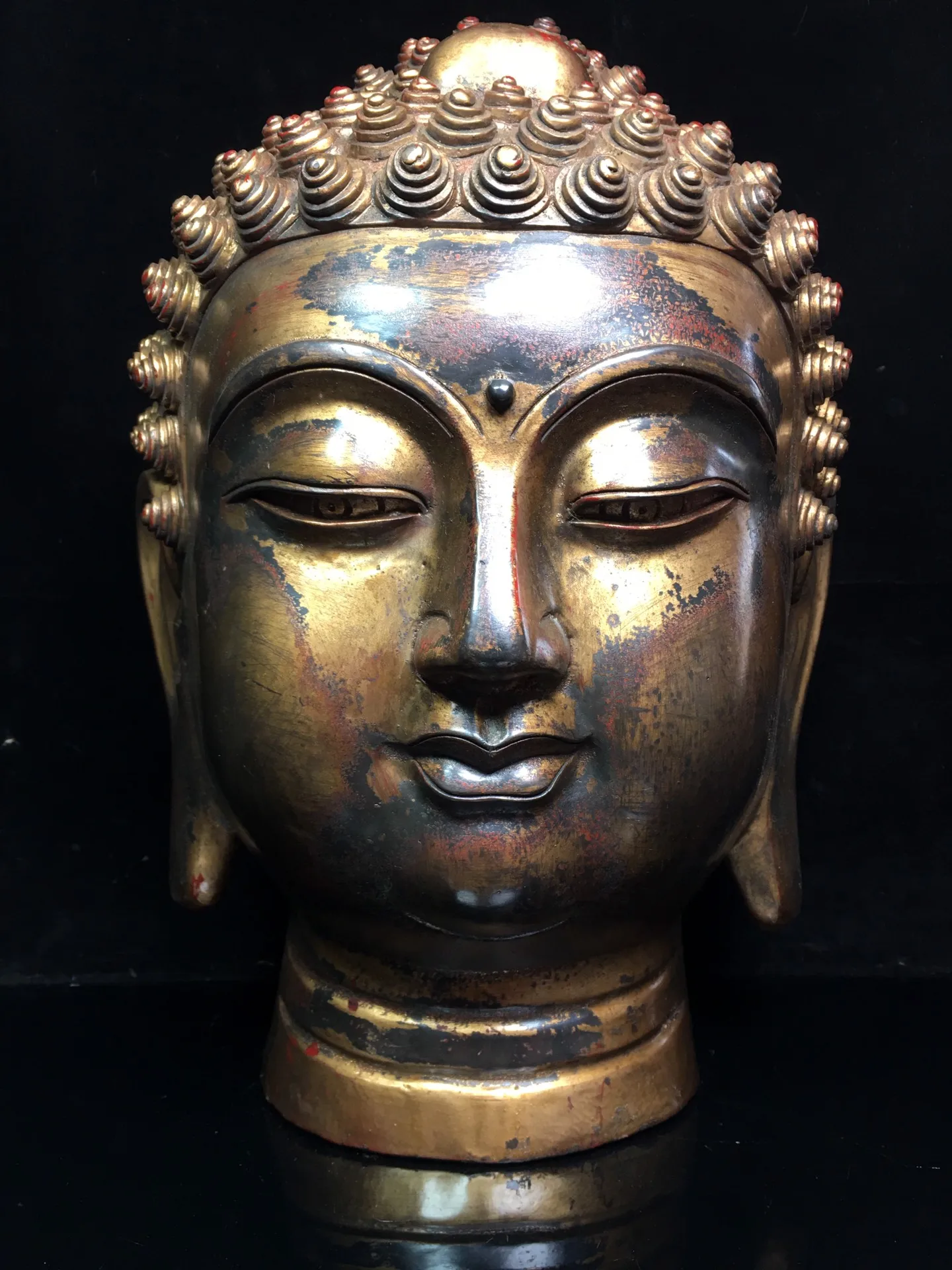 

14"Tibetan Temple Collection Old Bronze Cinnabar mud gold Shakyamuni Buddha head Amitabha worship buddha Town house Exorcism