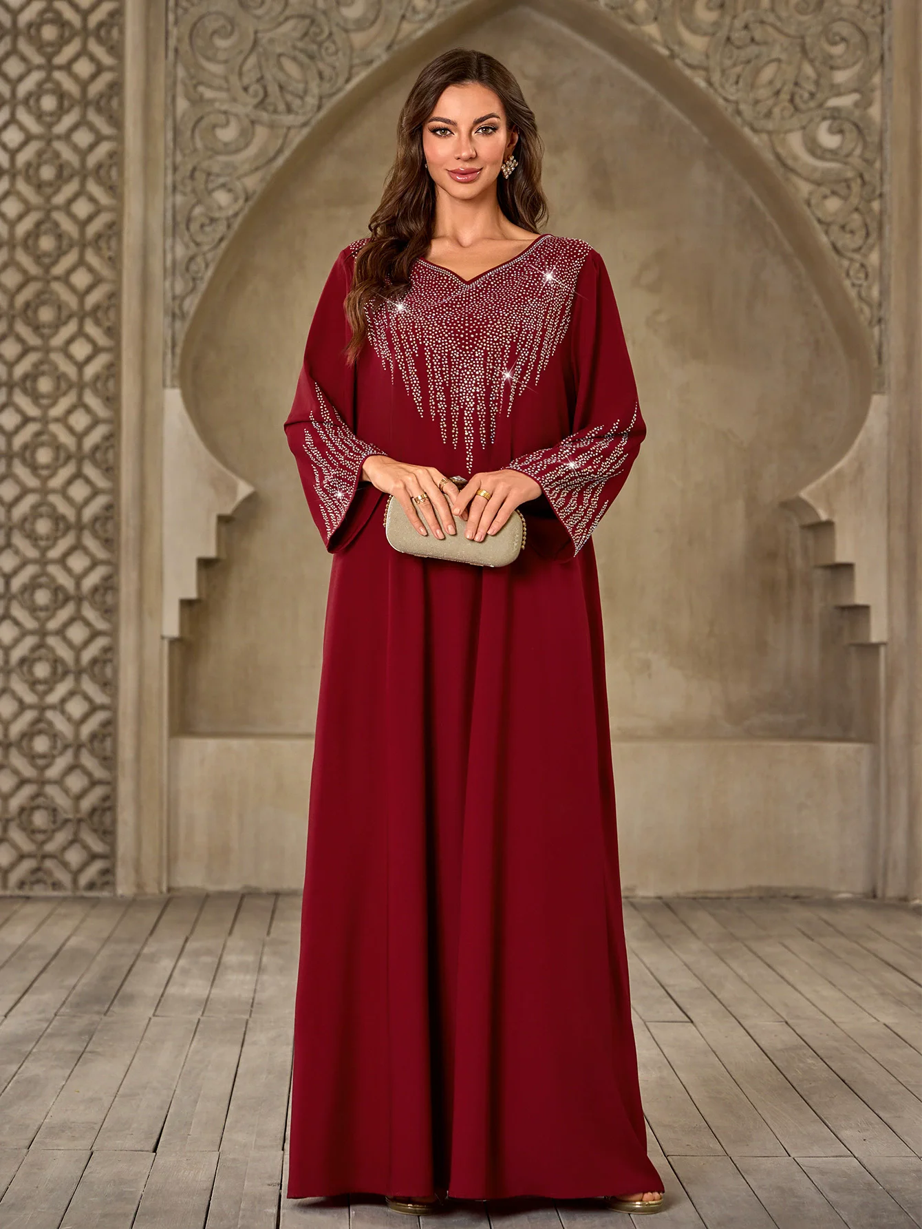 Oriente médio árabe muçulmano moda de luxo longo robe com strass com decote em v casual solto ajuste dubai novo vestido islâmico ramadan