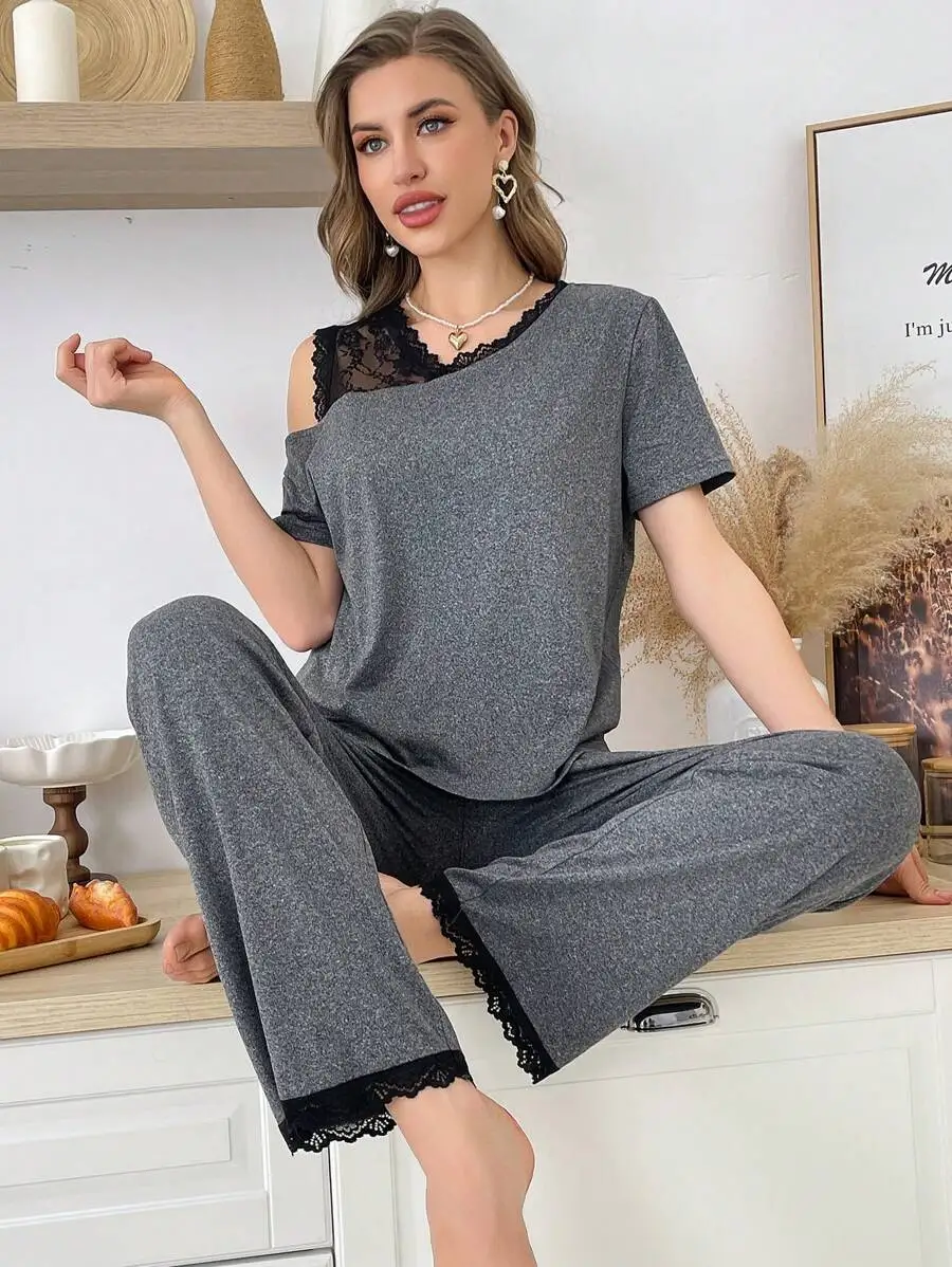 

Gray Lace Splice Cold Shoulder Short Sleeve Lounge Pajama Set