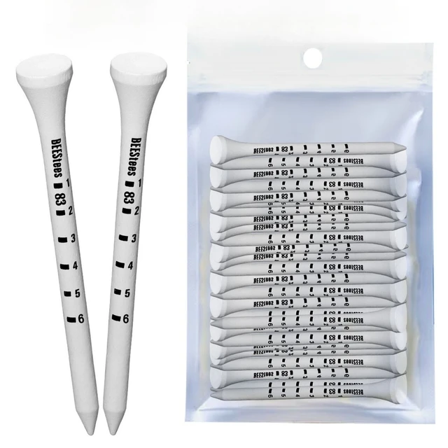 50 sztuk bambusowych tee golfowych 83mm biało-czarne z regulacją głębokości, redukcją skrętu bocznego i skalą stopni oporu tarcia.