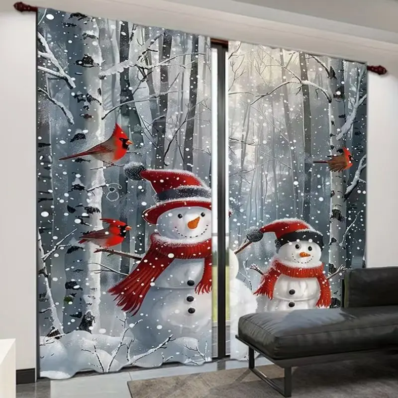 VIKAMA Christmas Window Curtain Red Merry Christmas Santa Pine Berry Blackout Curtain For Living Room Bedroom Kitchen Decor